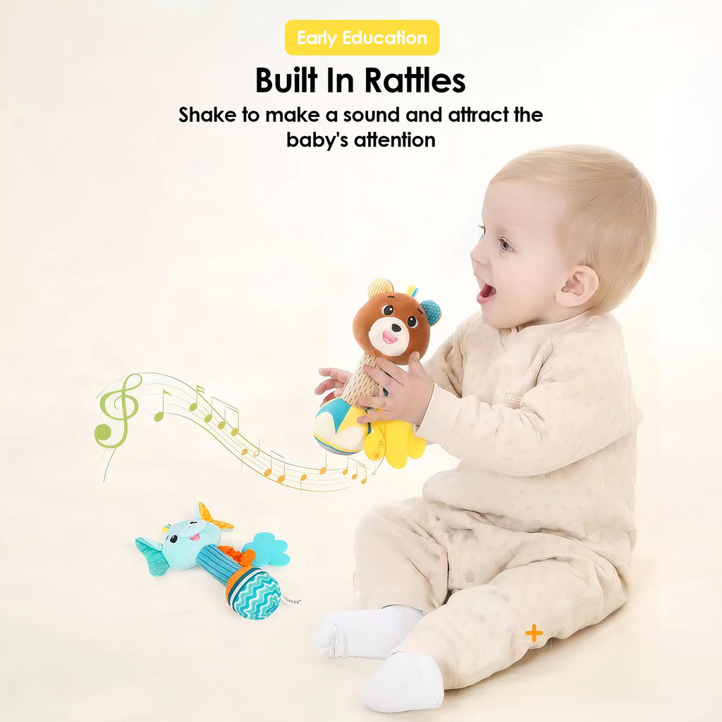 Hochets pour bébé, Animal en peluche doux, poignée à main, jouHochet Peluche Bébé Animal – Jouet Sensoriel à Poignée pour Nouveau-Né de 0 à 24 Mois