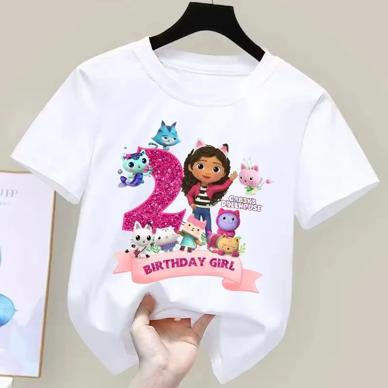 T-shirt d'anniversaire Gabbys Dollhouses pour filles, blanc et rose, à manches courtes, en coton, décontracté, pour l'été, fournitures de fête