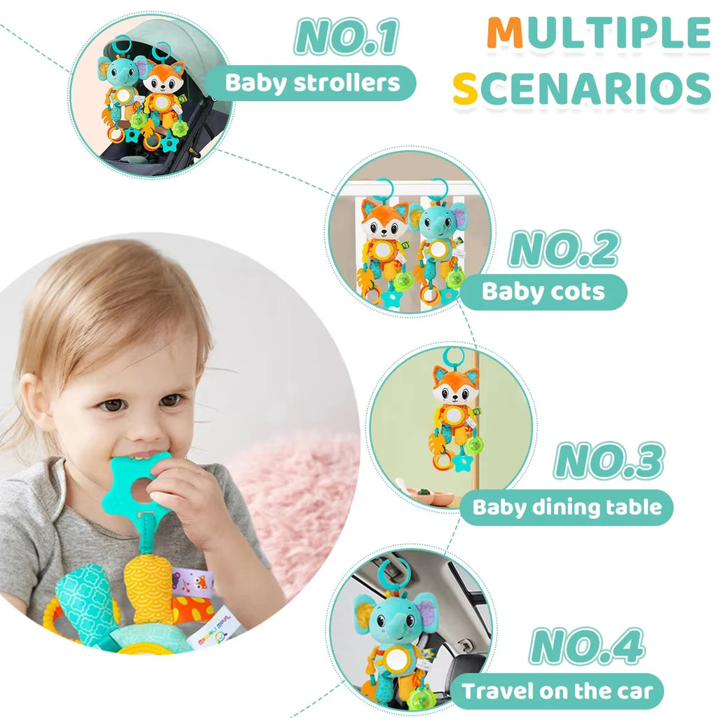 Jouet Sensoriel Suspendu pour Bébé – Renard & Éléphant d'Éveil avec Sons et Anneaux de Dentition