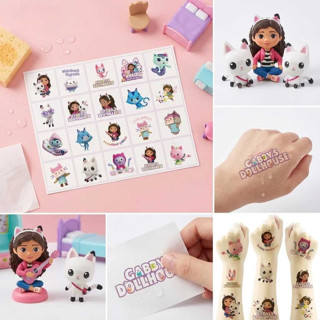 Autocollants temporaires de dessin animé Gabby's Dollhouse, 20 pièces, autocollants mignons pour l'art corporel, jouets de fête Cosplay pour enfants, cadeaux d'anniversaire