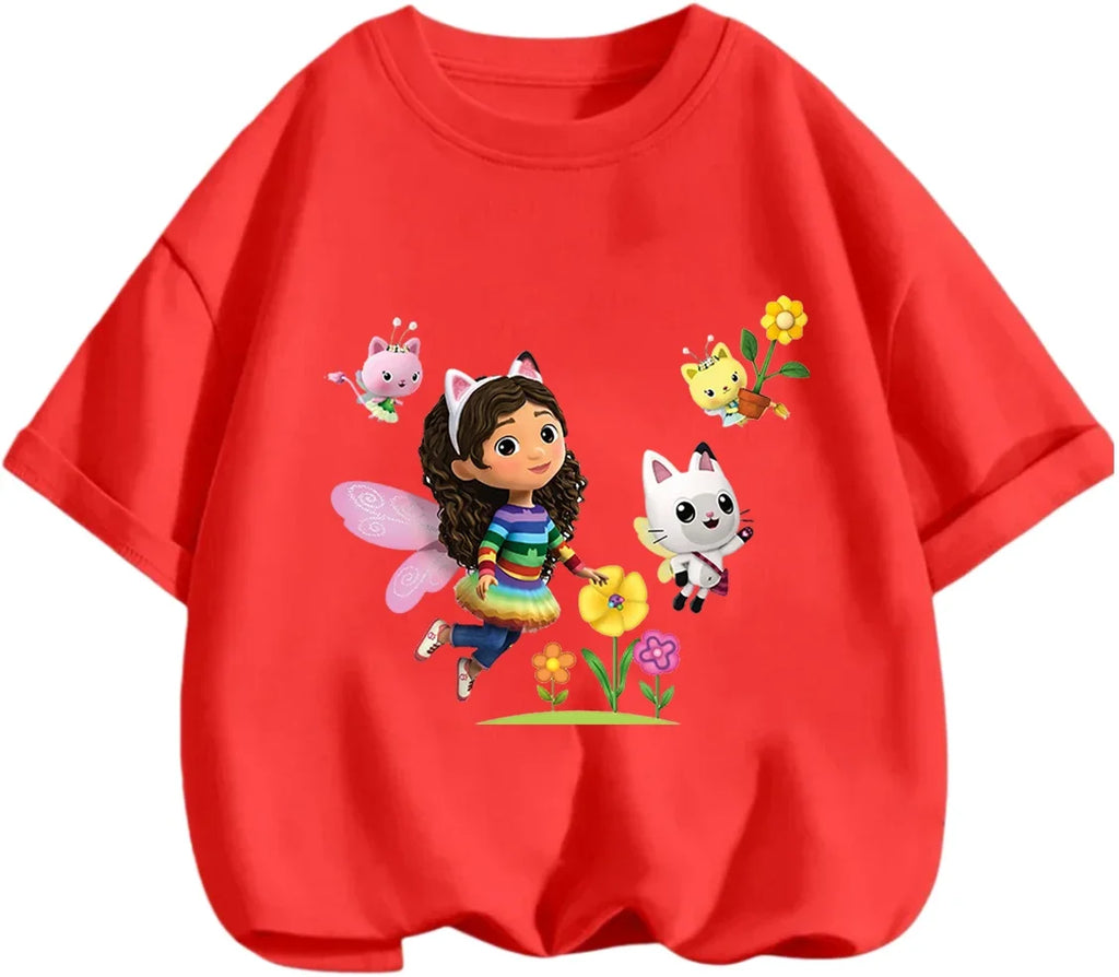 Gabby's Dollhouse T-shirt décontracté d'été à col rond avec imprimé de dessin animé mignon pour enfants de 3 à 14 ans
