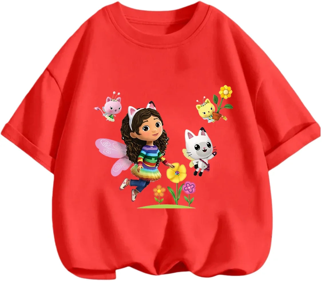 Gabby's Dollhouse T-shirt décontracté d'été à col rond avec imprimé de dessin animé mignon pour enfants de 3 à 14 ans