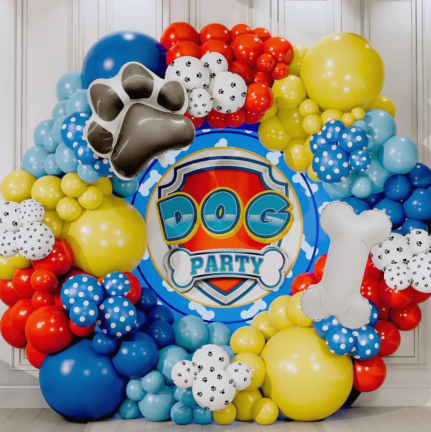 Kit d'arche de guirlande de ballons Patte de Chien et ballons bleus, jaunes et rouges pour décorations d'anniversaire sur le thème de la Patrouille, toile de fond et fournitures de fête