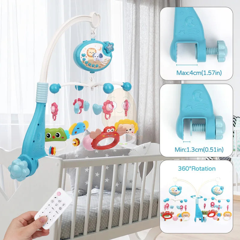 Mobile Musical pour Lit Bébé avec Projecteur Rotatif – Veilleuse, Berceuses et Hochet d'Éveil 0 à 12 Mois