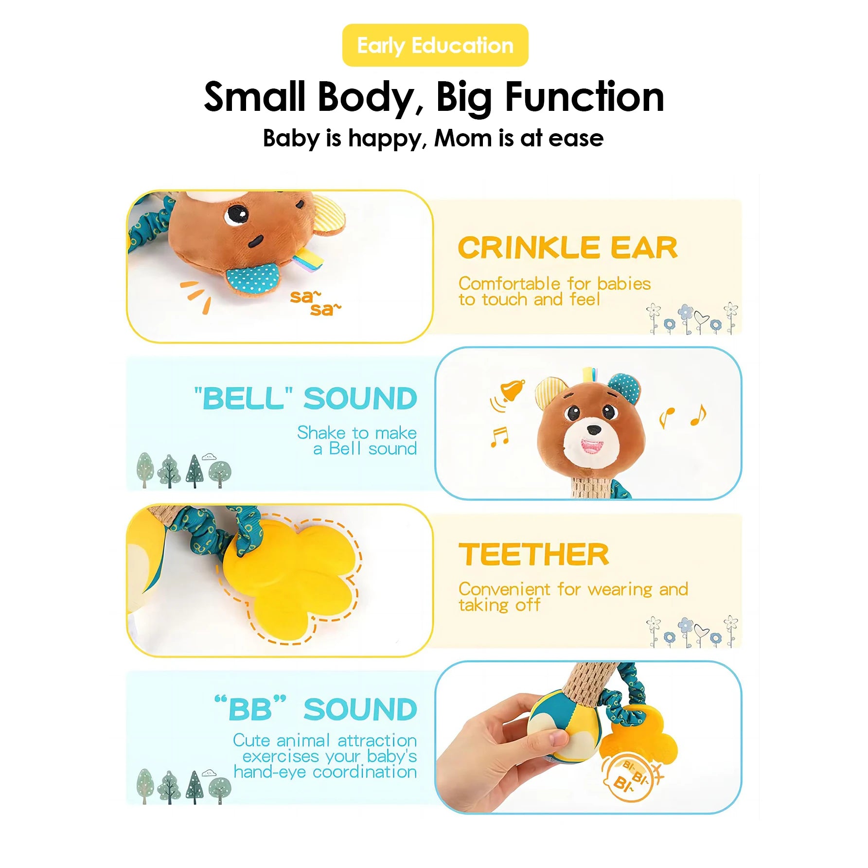 Hochets pour bébé, Animal en peluche doux, poignée à main, jouHochet Peluche Bébé Animal – Jouet Sensoriel à Poignée pour Nouveau-Né de 0 à 24 Mois