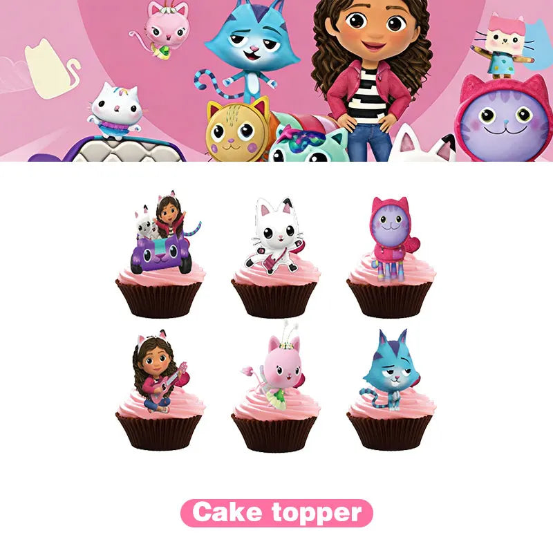 Articles de fête d'anniversaire Gabby Dollhouse Cat : Bannière, ballons, décor de fond, décoration de gâteau, sacs cadeaux, boîtes à bonbons