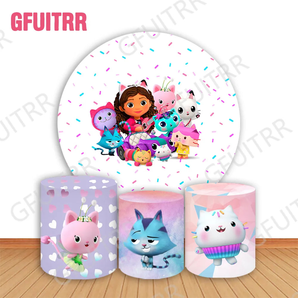 Maison de courses de Gabby, couvertures de cercle, décor de fête d'anniversaire pour enfants, points colorés, couvertures rondes et intervalles, fond photo de douche de bébé