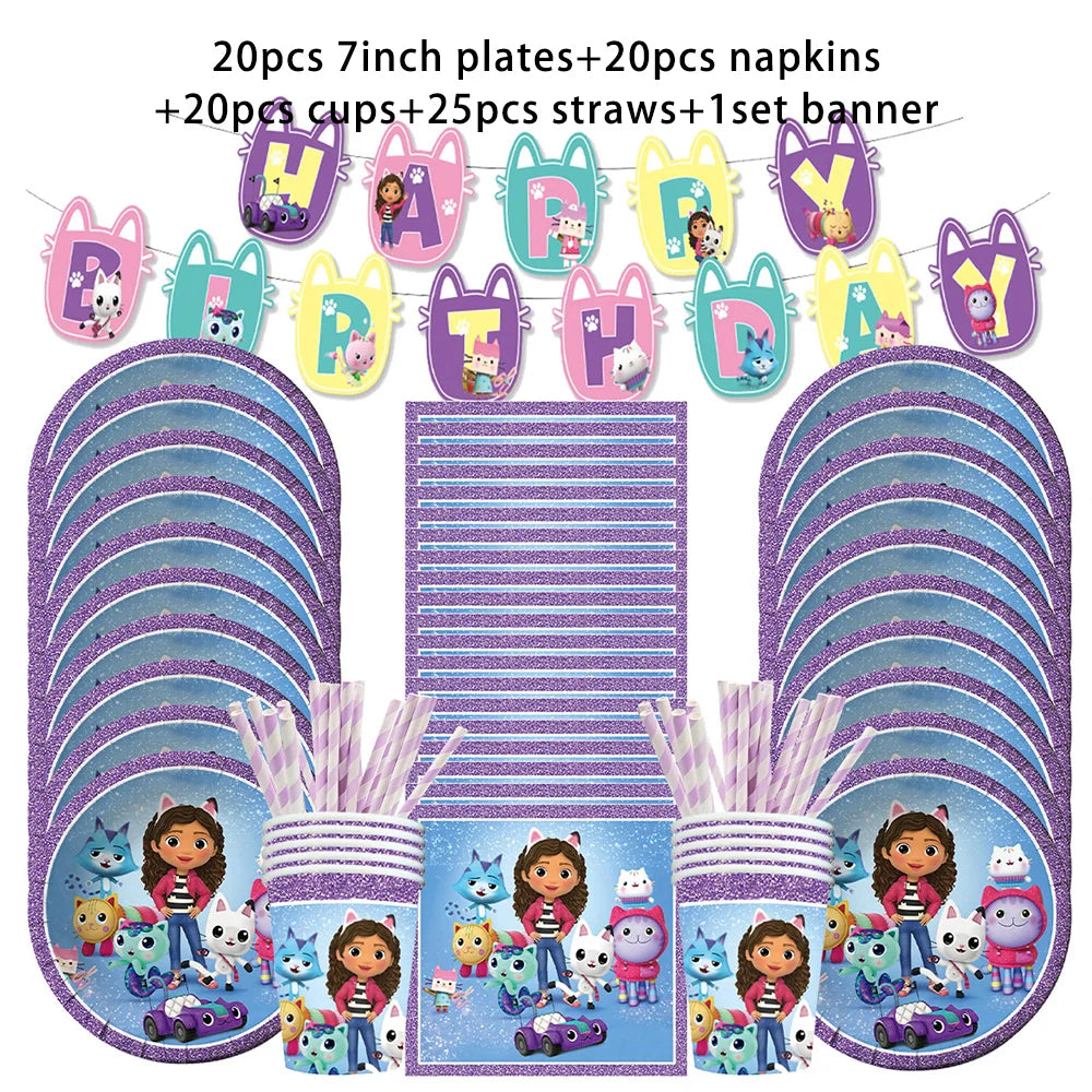 Vaisselle d'anniversaire Gabby Dollhouse, assiette, gobelet et serviette en papier à motif de chat de dessin animé pour les filles, décoration de fête d'anniversaire pour enfants