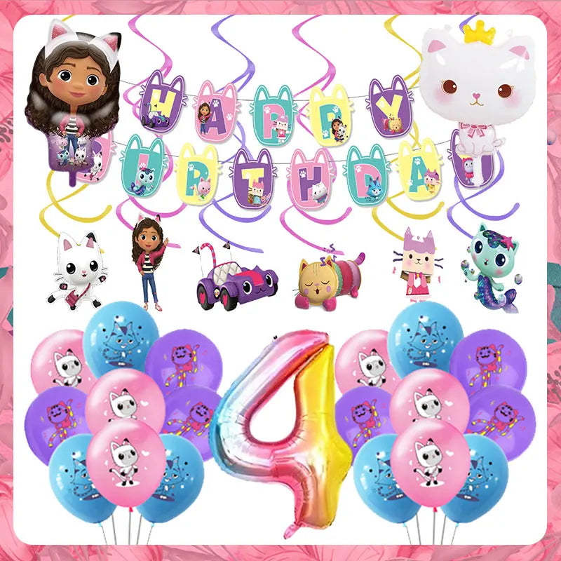 Articles de fête d'anniversaire Gabby Dollhouse Cat : Bannière, ballons, décor de fond, décoration de gâteau, sacs cadeaux, boîtes à bonbons