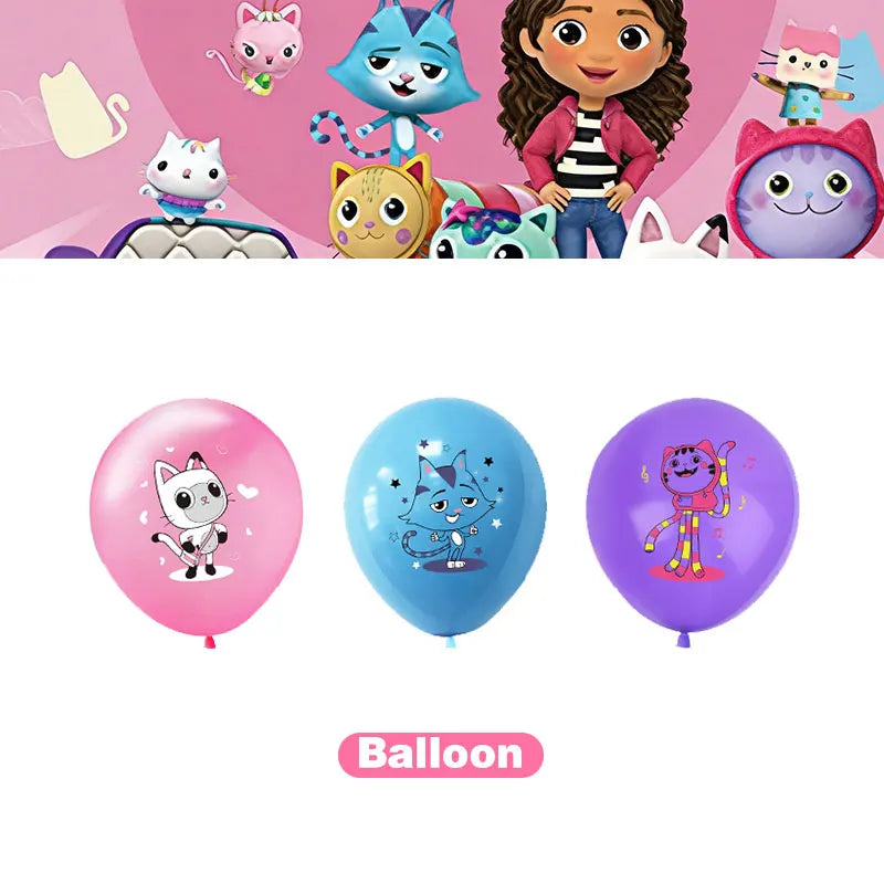 Articles de fête d'anniversaire Gabby Dollhouse Cat : Bannière, ballons, décor de fond, décoration de gâteau, sacs cadeaux, boîtes à bonbons