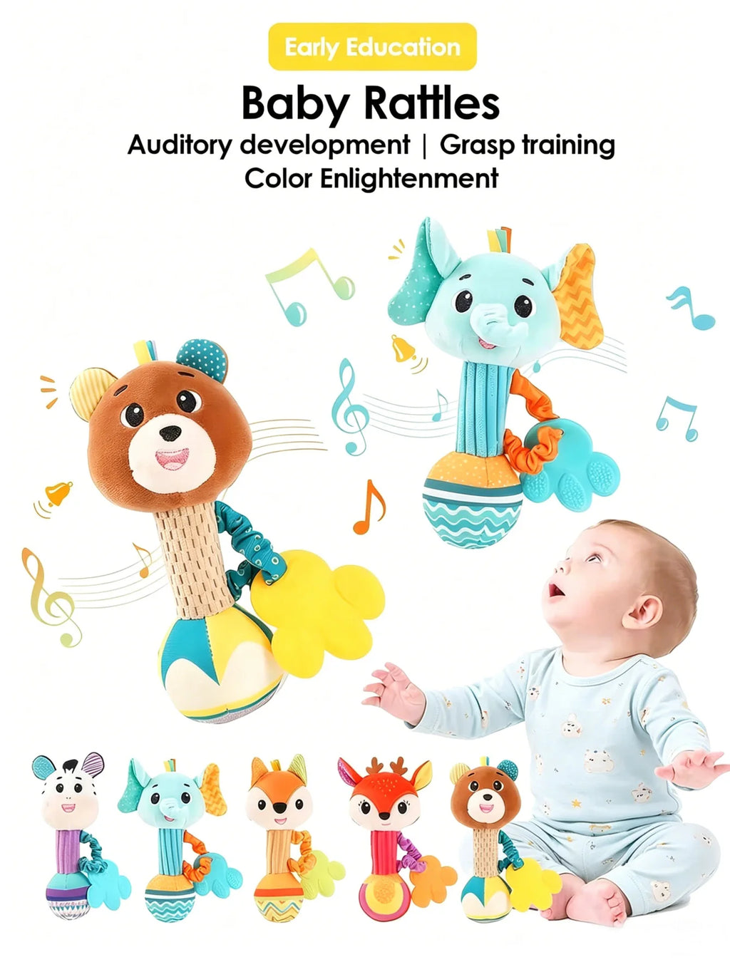 Hochets pour bébé, Animal en peluche doux, poignée à main, jouHochet Peluche Bébé Animal – Jouet Sensoriel à Poignée pour Nouveau-Né de 0 à 24 Mois