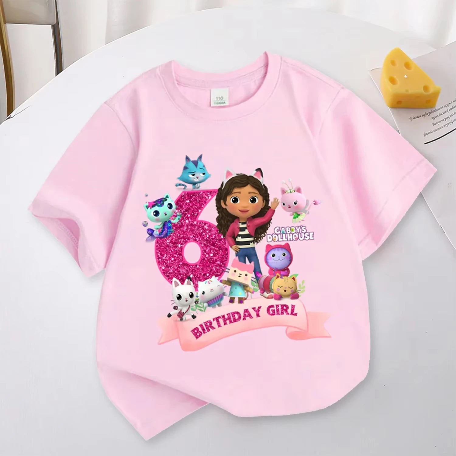 T-shirt d'anniversaire Gabbys Dollhouses pour filles, blanc et rose, à manches courtes, en coton, décontracté, pour l'été, fournitures de fête