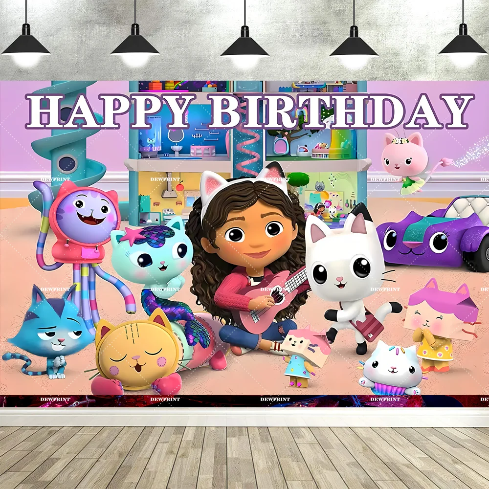 Bannière de fond d'anniversaire Gabby en dessin animé mignon, accessoires de décoration pour fête d'enfants, toile de fond photo, fournitures de photographie