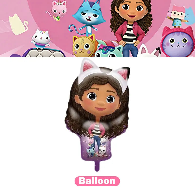 Articles de fête d'anniversaire Gabby Dollhouse Cat : Bannière, ballons, décor de fond, décoration de gâteau, sacs cadeaux, boîtes à bonbons