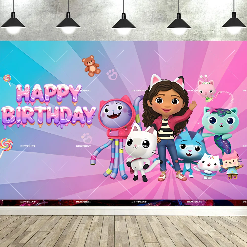 Bannière de fond d'anniversaire Gabby en dessin animé mignon, accessoires de décoration pour fête d'enfants, toile de fond photo, fournitures de photographie
