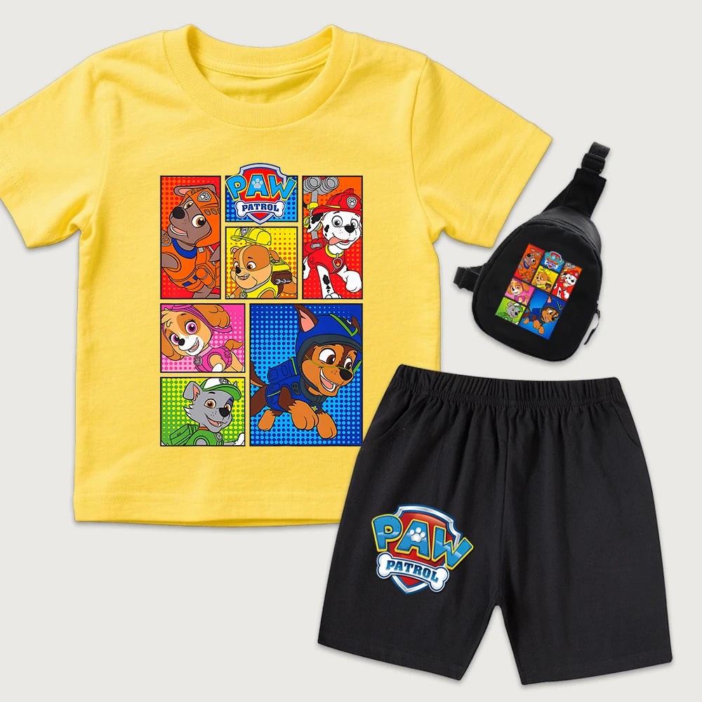 Ensemble t-shirt et short en coton imprimé dessin animé PAW Patrol pour garçons et filles avec mini sac banane, vêtements d'été pour enfants