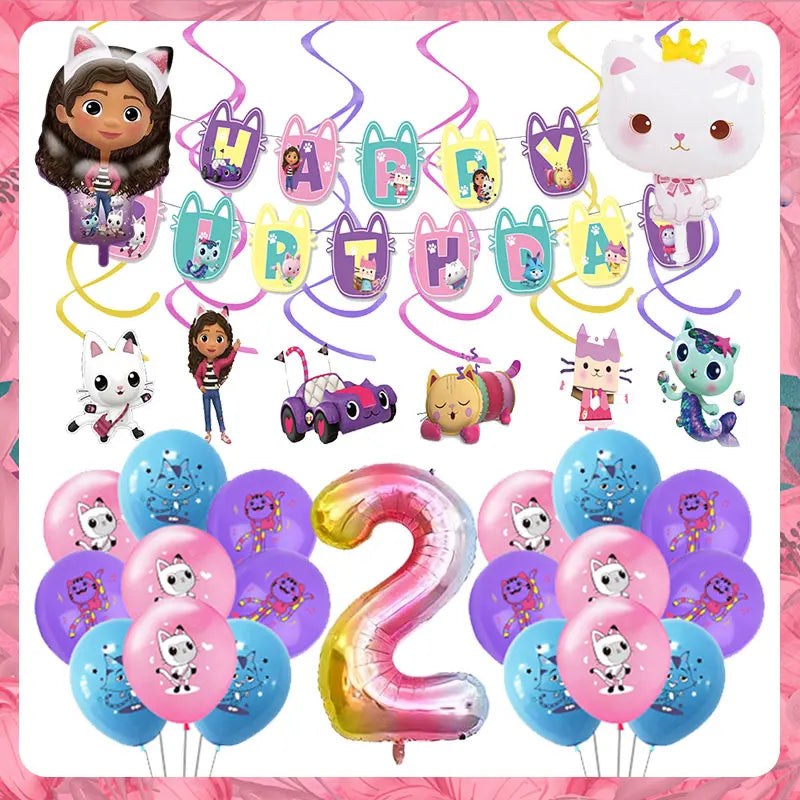 Articles de fête d'anniversaire Gabby Dollhouse Cat : Bannière, ballons, décor de fond, décoration de gâteau, sacs cadeaux, boîtes à bonbons