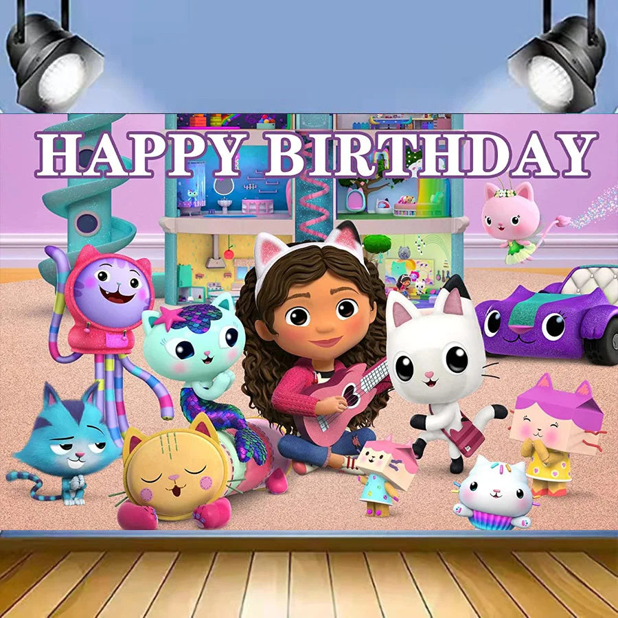 Décoration d'anniversaire Gabby, thème Gabby Dollhouse, vaisselle, assiette, tasse, serviette, nappe, ballon, bannière, toile de fond, fournitures pour fête d'enfants