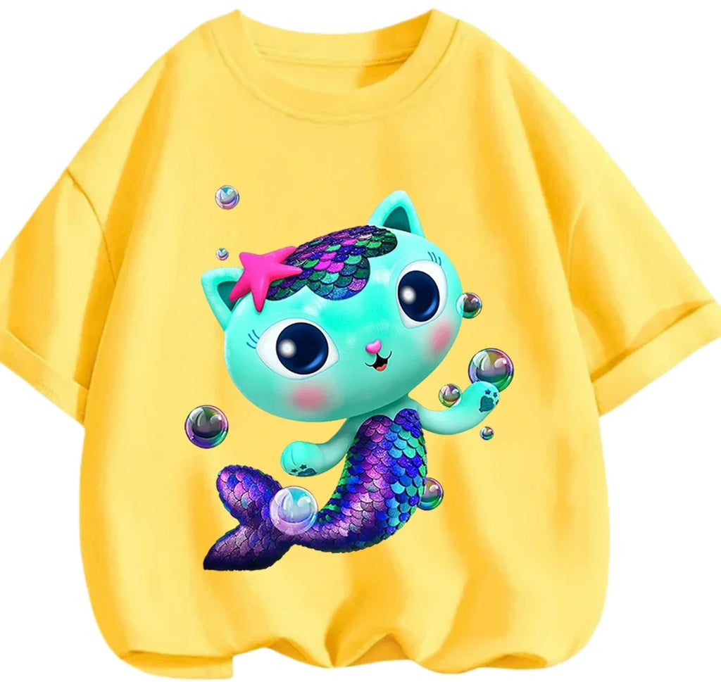 Gabby's Dollhouse T-shirt décontracté d'été à col rond avec imprimé de dessin animé mignon pour enfants de 3 à 14 ans