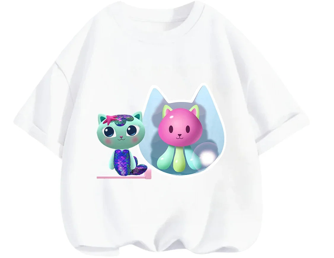 Gabby's Dollhouse T-shirt décontracté d'été à col rond avec imprimé de dessin animé mignon pour enfants de 3 à 14 ans