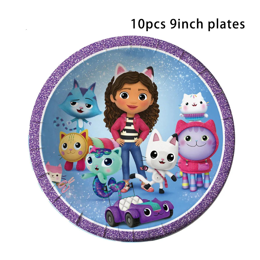 Vaisselle d'anniversaire Gabby Dollhouse, assiette, gobelet et serviette en papier à motif de chat de dessin animé pour les filles, décoration de fête d'anniversaire pour enfants