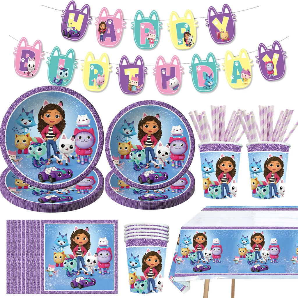 Vaisselle d'anniversaire Gabby Dollhouse, assiette, gobelet et serviette en papier à motif de chat de dessin animé pour les filles, décoration de fête d'anniversaire pour enfants