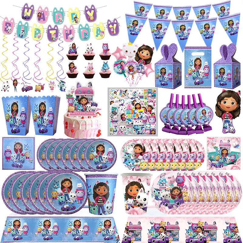 Décoration d'anniversaire Gabby, thème Gabby Dollhouse, vaisselle, assiette, tasse, serviette, nappe, ballon, bannière, toile de fond, fournitures pour fête d'enfants