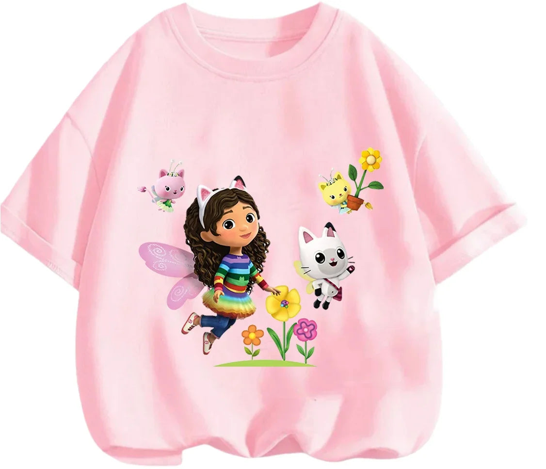 Gabby's Dollhouse T-shirt décontracté d'été à col rond avec imprimé de dessin animé mignon pour enfants de 3 à 14 ans