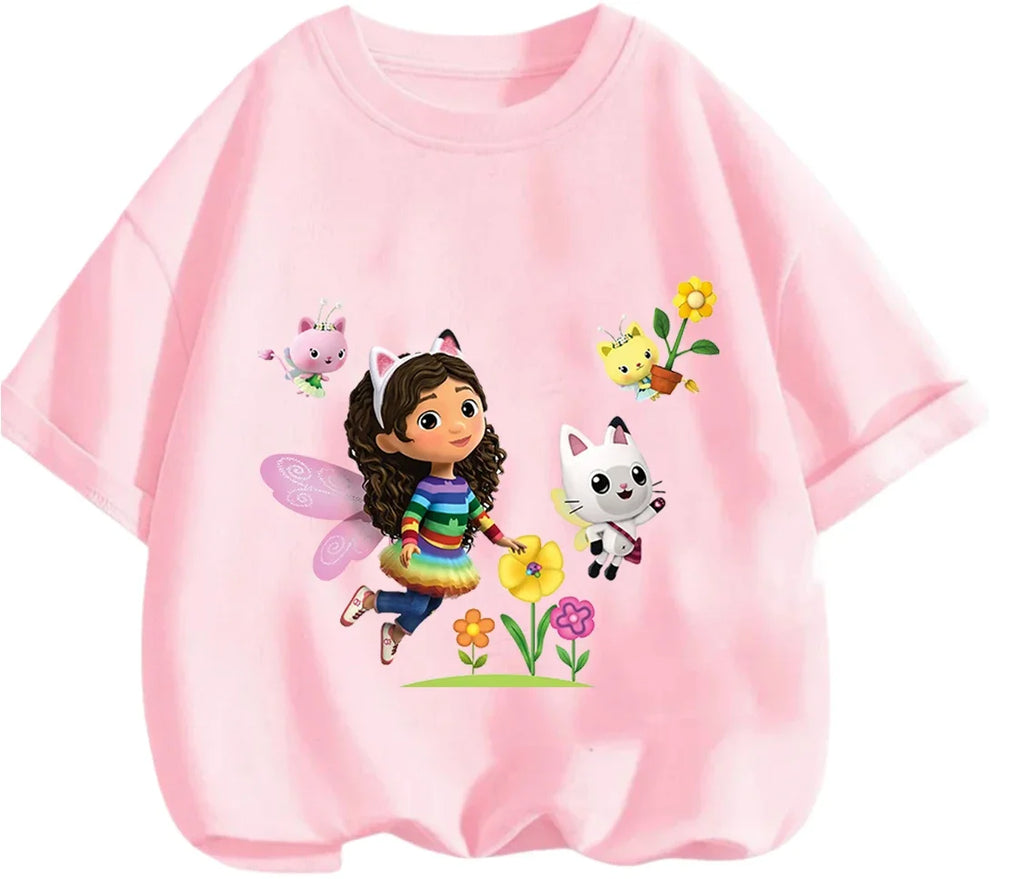 Gabby's Dollhouse T-shirt décontracté d'été à col rond avec imprimé de dessin animé mignon pour enfants de 3 à 14 ans