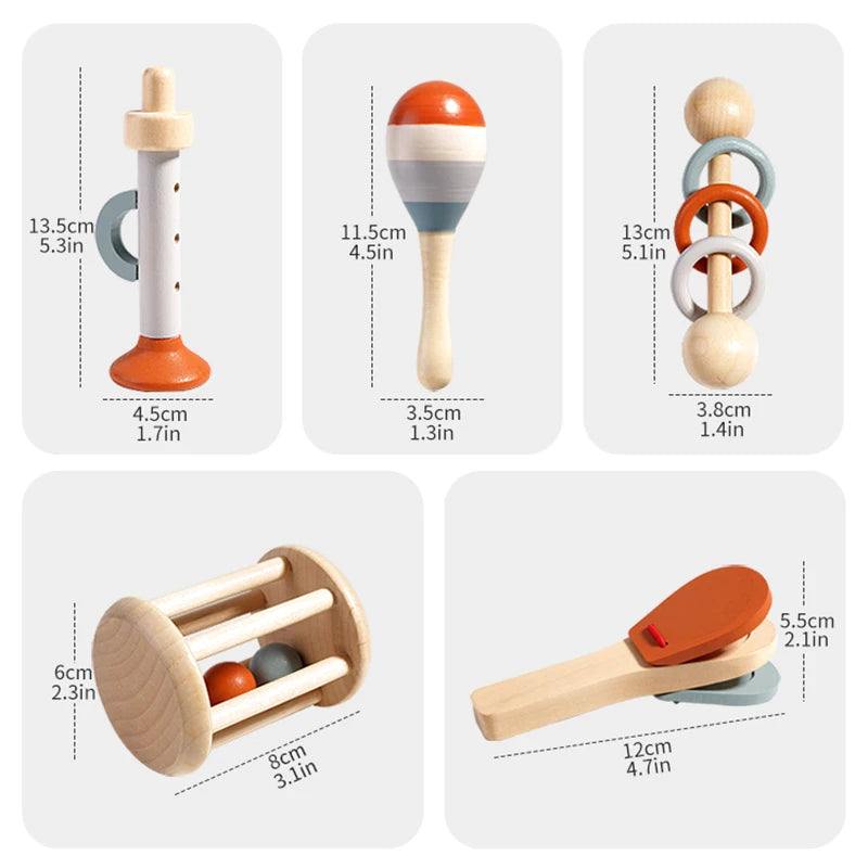 5 pièces bébé Instruments de musique hochet sensoriel jouets déSet de 5 Instruments de Musique Montessori en Bois – Jouets Sensoriels et Éducatifs pour Enfants