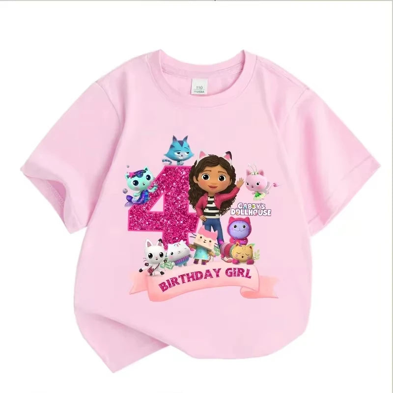T-shirt d'anniversaire Gabbys Dollhouses pour filles, blanc et rose, à manches courtes, en coton, décontracté, pour l'été, fournitures de fête