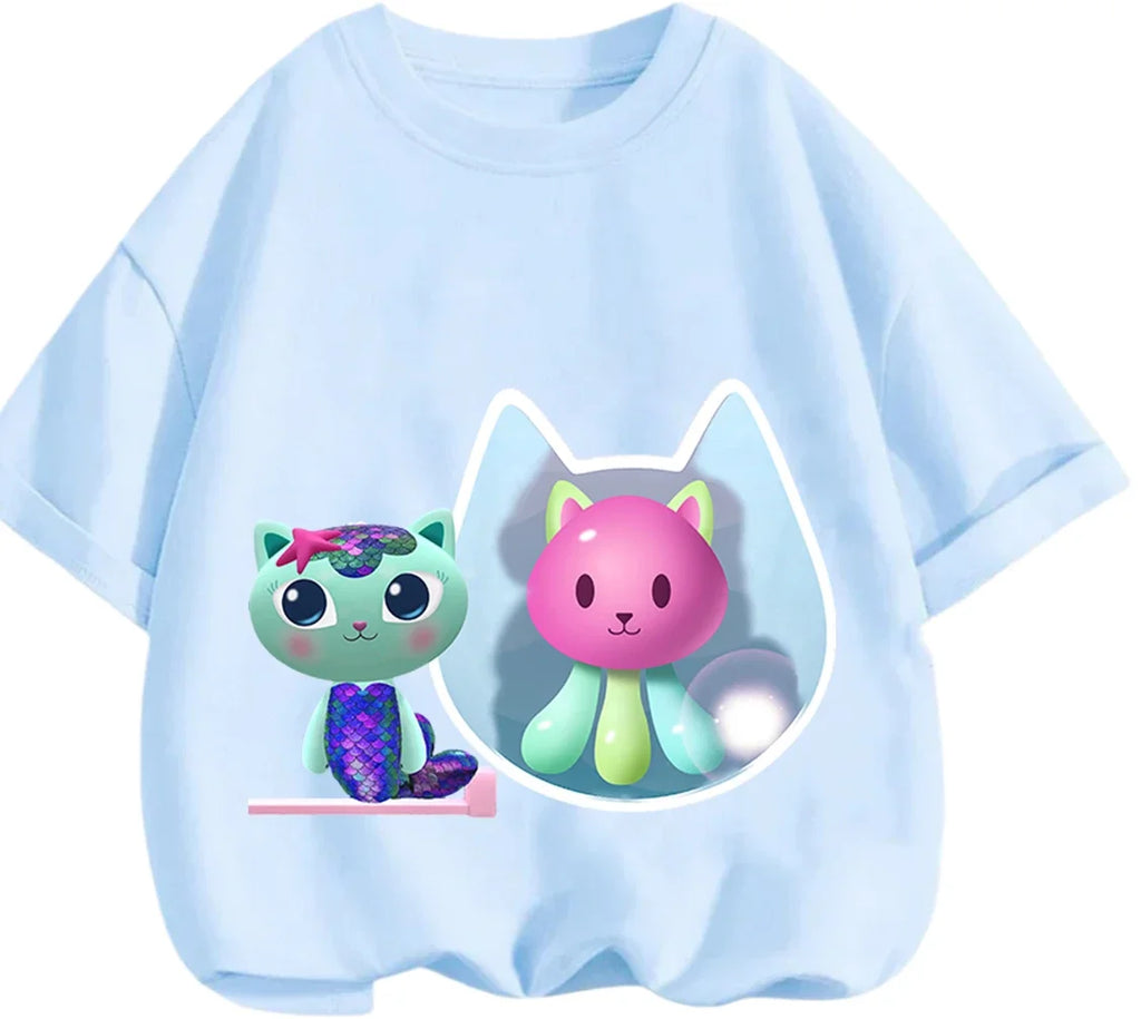 Gabby's Dollhouse T-shirt décontracté d'été à col rond avec imprimé de dessin animé mignon pour enfants de 3 à 14 ans