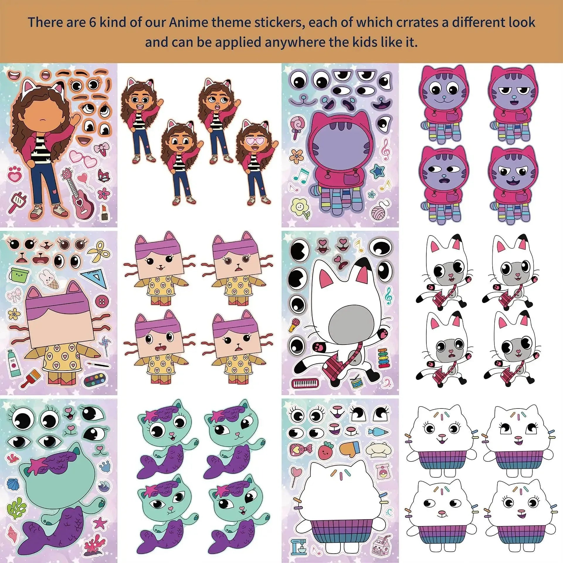 Autocollants de dessin animé Gabby Cat Dolls, décoration de fête d'anniversaire, autocollant DIY, bagages, guitare, graffiti imperméable, baby shower, jouets pour enfants*
