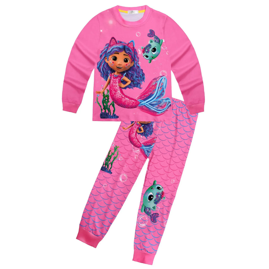 2025Gabby DollHouse filles vêtements dessin animé imprimé pyjamas mignon sirène Gabby's t-shirt pantalon ensemble enfant en bas âge Homewear enfants Anime tenue