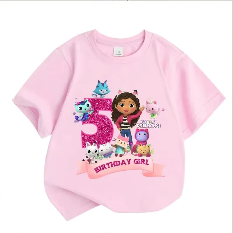 T-shirt d'anniversaire Gabbys Dollhouses pour filles, blanc et rose, à manches courtes, en coton, décontracté, pour l'été, fournitures de fête