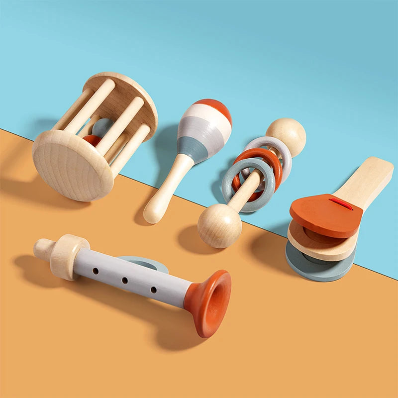 5 pièces bébé Instruments de musique hochet sensoriel jouets déSet de 5 Instruments de Musique Montessori en Bois – Jouets Sensoriels et Éducatifs pour Enfants