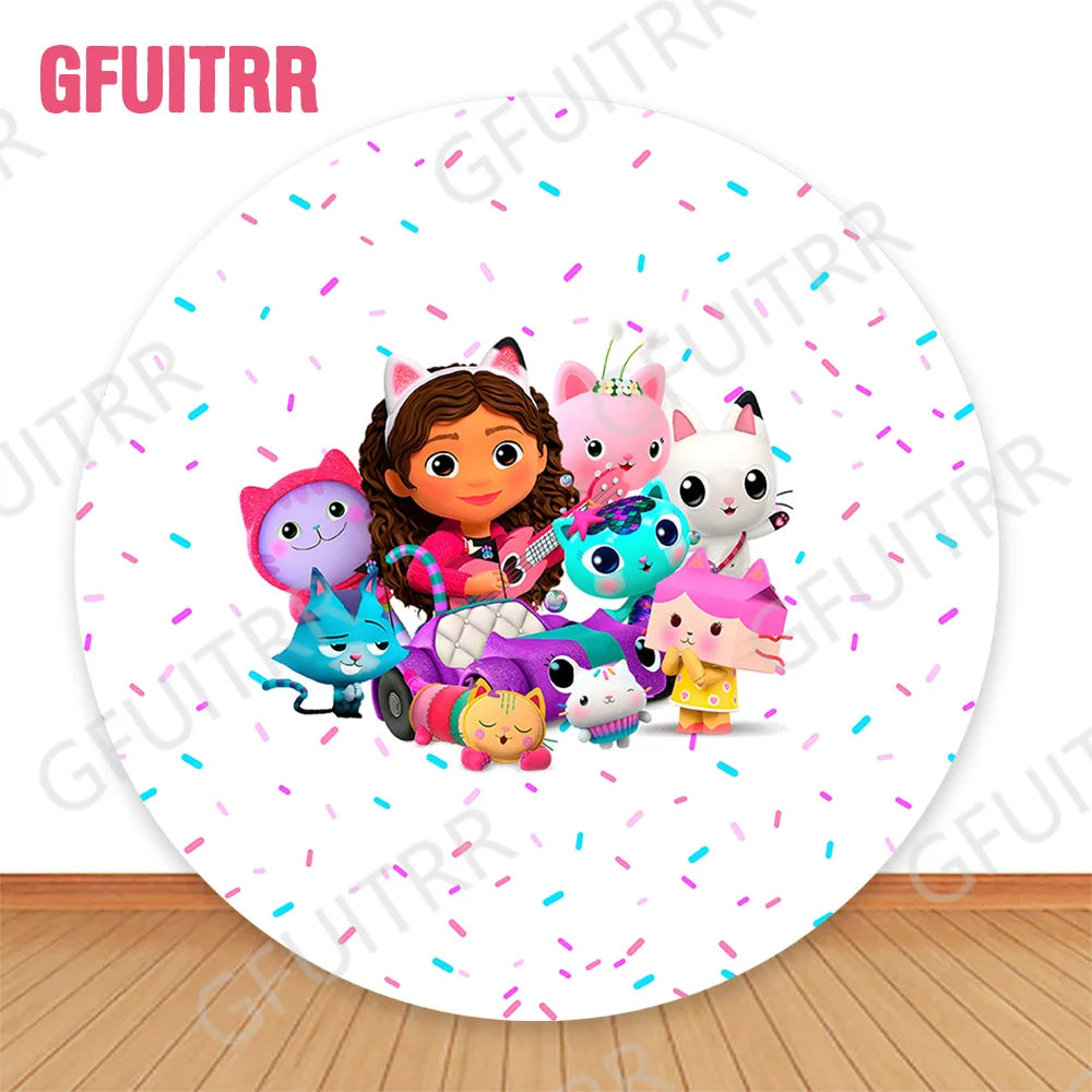 Maison de courses de Gabby, couvertures de cercle, décor de fête d'anniversaire pour enfants, points colorés, couvertures rondes et intervalles, fond photo de douche de bébé