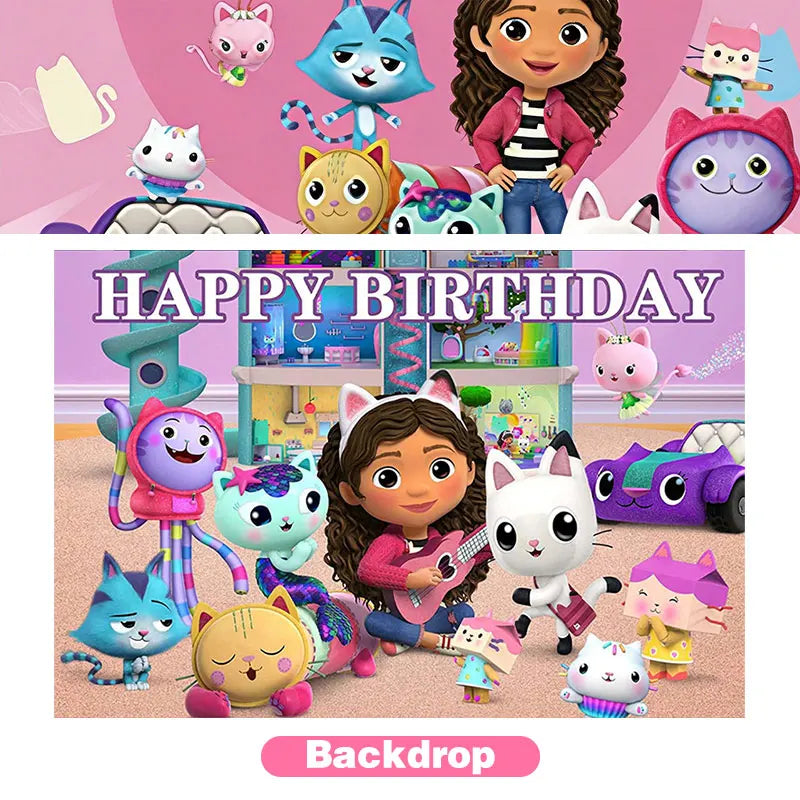 Articles de fête d'anniversaire Gabby Dollhouse Cat : Bannière, ballons, décor de fond, décoration de gâteau, sacs cadeaux, boîtes à bonbons