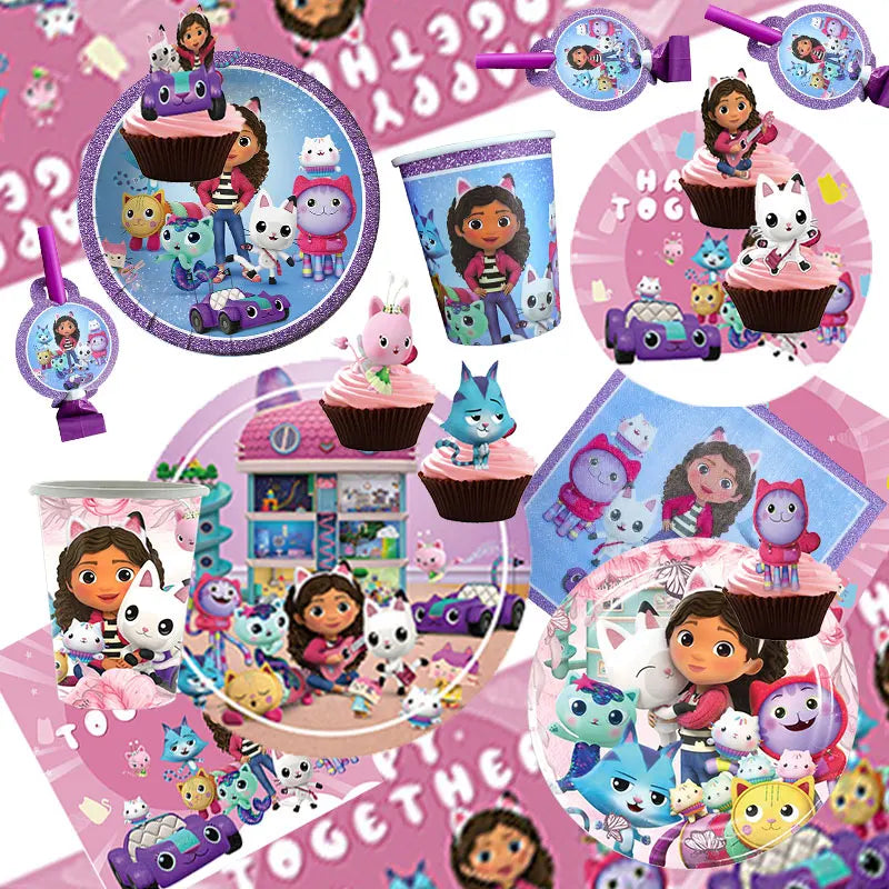 Articles de fête d'anniversaire Gabby Dollhouse Cat : Bannière, ballons, décor de fond, décoration de gâteau, sacs cadeaux, boîtes à bonbons