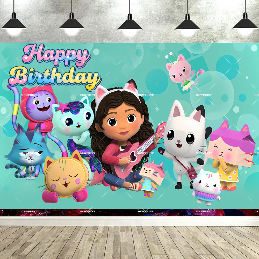 Bannière de fond d'anniversaire Gabby en dessin animé mignon, accessoires de décoration pour fête d'enfants, toile de fond photo, fournitures de photographie