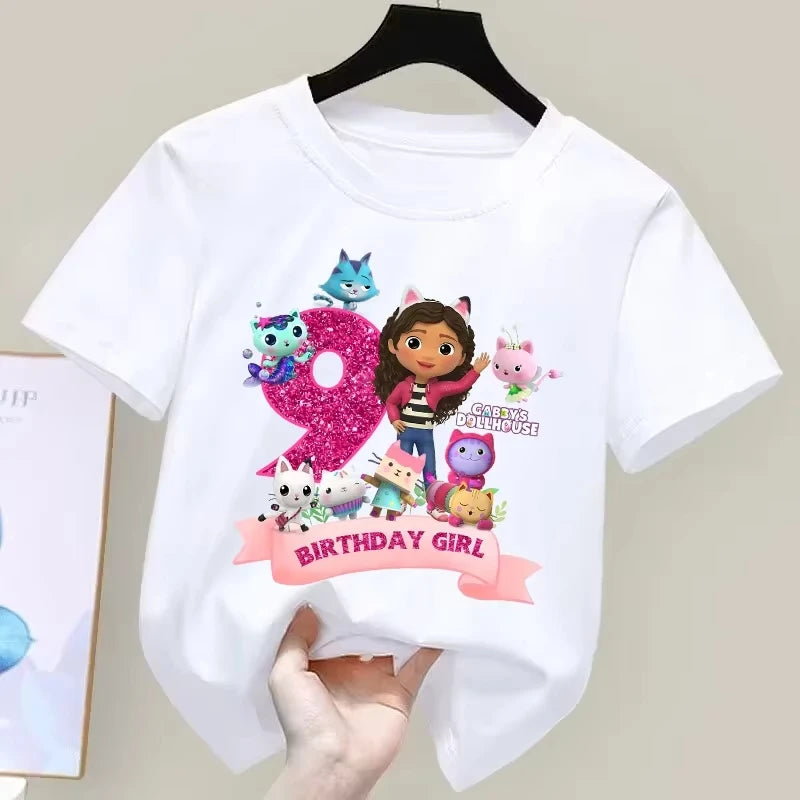 T-shirt d'anniversaire Gabbys Dollhouses pour filles, blanc et rose, à manches courtes, en coton, décontracté, pour l'été, fournitures de fête