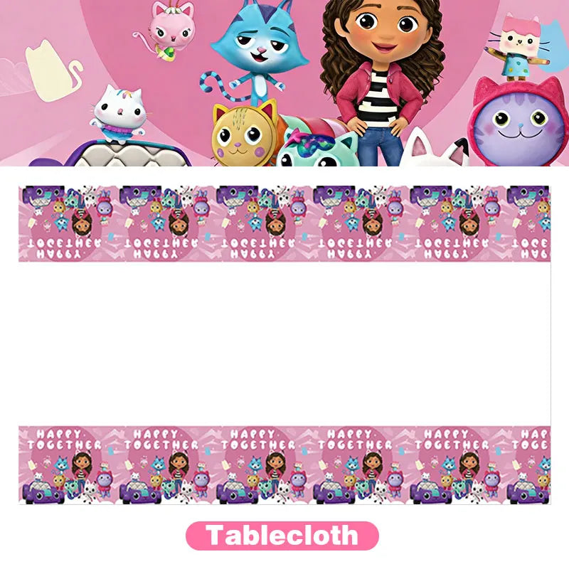 Articles de fête d'anniversaire Gabby Dollhouse Cat : Bannière, ballons, décor de fond, décoration de gâteau, sacs cadeaux, boîtes à bonbons