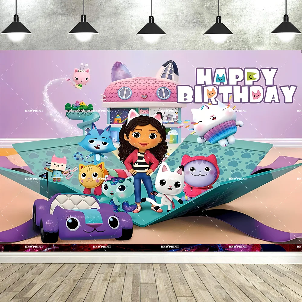 Bannière de fond d'anniversaire Gabby en dessin animé mignon, accessoires de décoration pour fête d'enfants, toile de fond photo, fournitures de photographie