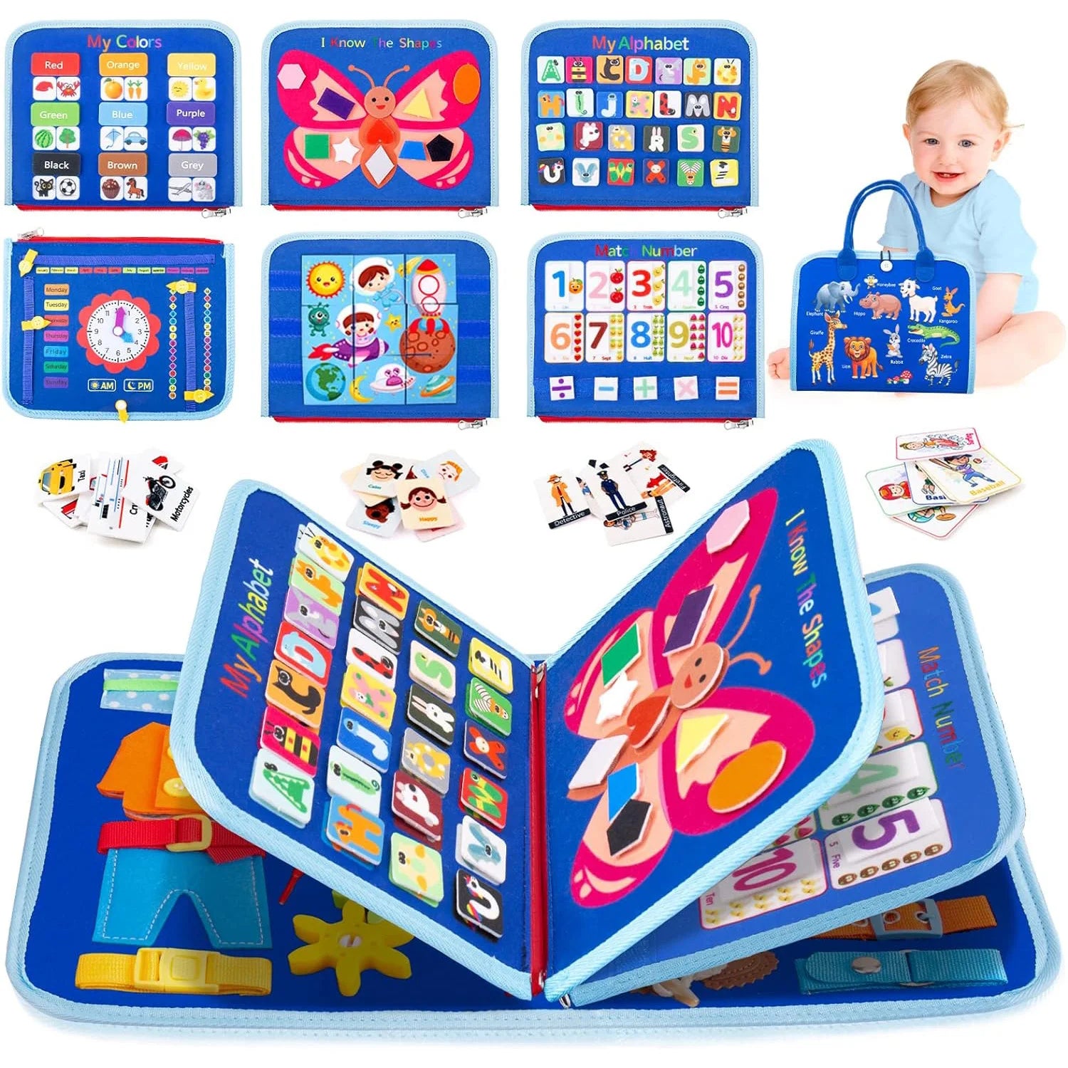 Tableau d’Activités Montessori 7 en 1 – Planche Sensorielle Éducative Portable pour Enfants de 3 à 6 Ans