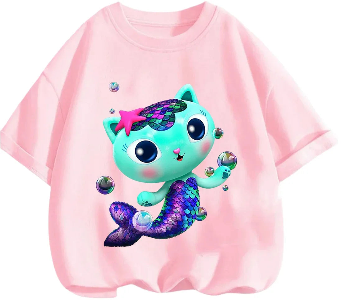 Gabby's Dollhouse T-shirt décontracté d'été à col rond avec imprimé de dessin animé mignon pour enfants de 3 à 14 ans