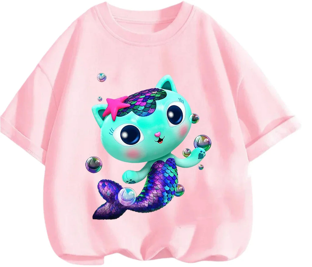 Gabby's Dollhouse T-shirt décontracté d'été à col rond avec imprimé de dessin animé mignon pour enfants de 3 à 14 ans