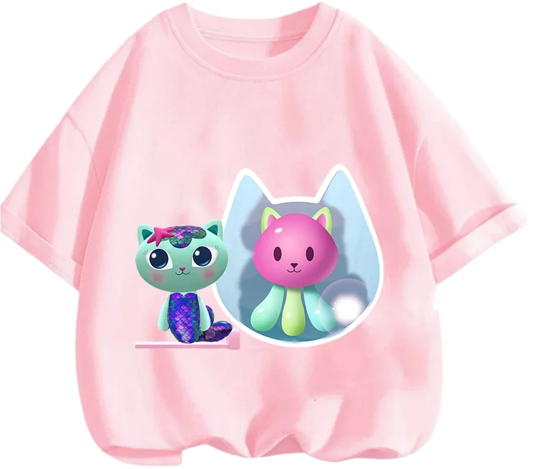 Gabby's Dollhouse T-shirt décontracté d'été à col rond avec imprimé de dessin animé mignon pour enfants de 3 à 14 ans