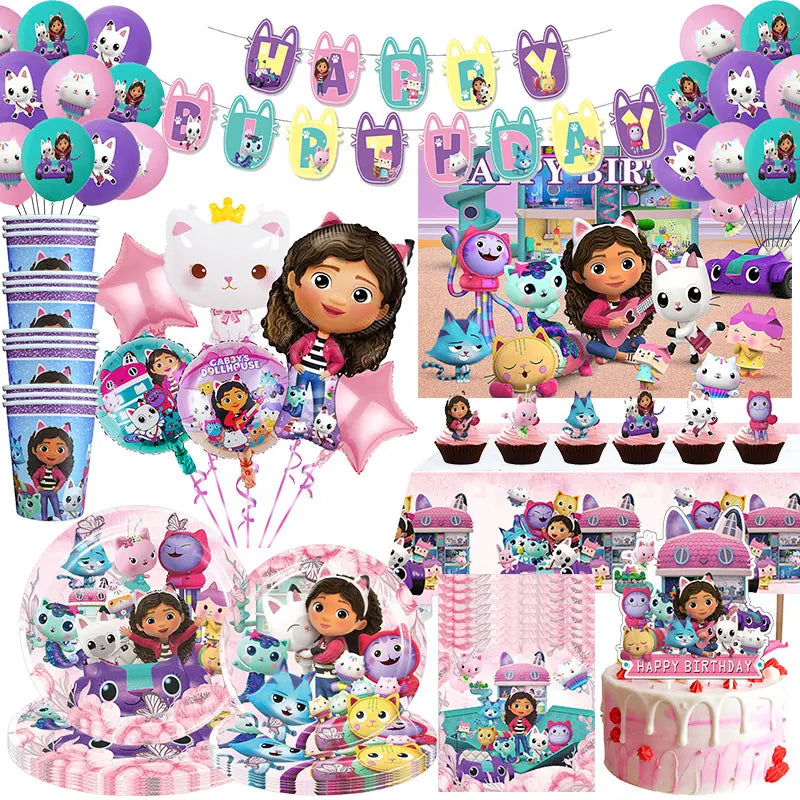 Décoration d'anniversaire Gabby, thème Gabby Dollhouse, vaisselle, assiette, tasse, serviette, nappe, ballon, bannière, toile de fond, fournitures pour fête d'enfants