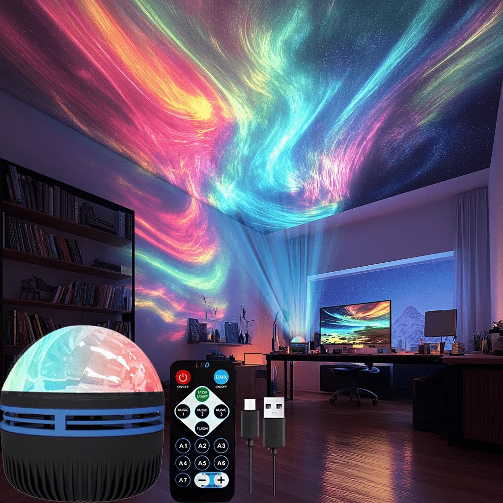 Veilleuse Projecteur Aurores Boréales LED 7 Couleurs – Ciel Étoilé Multicolore avec Télécommande