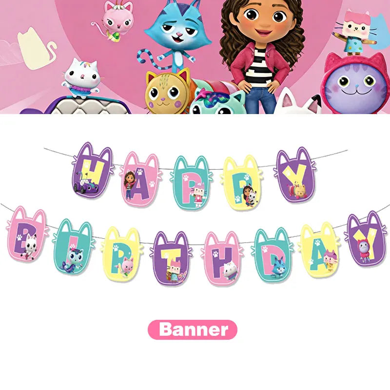 Articles de fête d'anniversaire Gabby Dollhouse Cat : Bannière, ballons, décor de fond, décoration de gâteau, sacs cadeaux, boîtes à bonbons